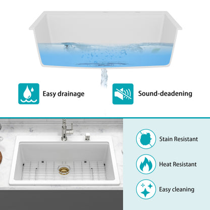 Quartz Kitchen Sink - 33" x 22" x 9.65" White granite composite Workstation Drop-in kitchen sink