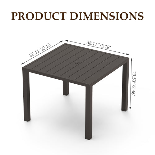 Outdoor Dining Table for 4 Person,Square Slatted Metal Patio Table for Deck Garden Lawn Backyard Use with Umbrella Hole, Brown