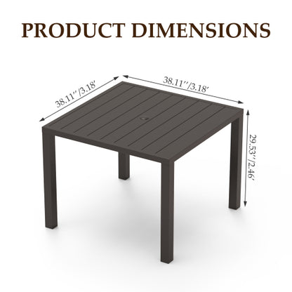 Outdoor Dining Table for 4 Person,Square Slatted Metal Patio Table for Deck Garden Lawn Backyard Use with Umbrella Hole, Brown