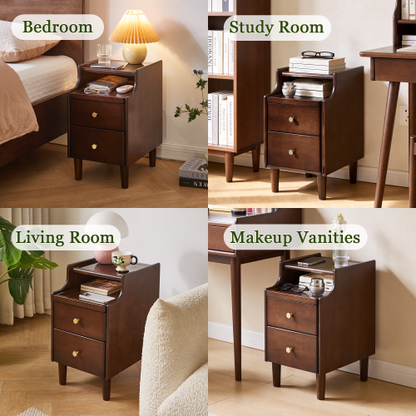 Solid Wood Nightstand with Drawer, Open Shelf and Pull-Out Storage Panel