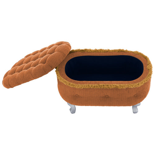 Orange Fringed Button Tufted Storage Ottoman Bench, 29.5 Inch Upholstered End of Bed Bench for Entryway Bedroom