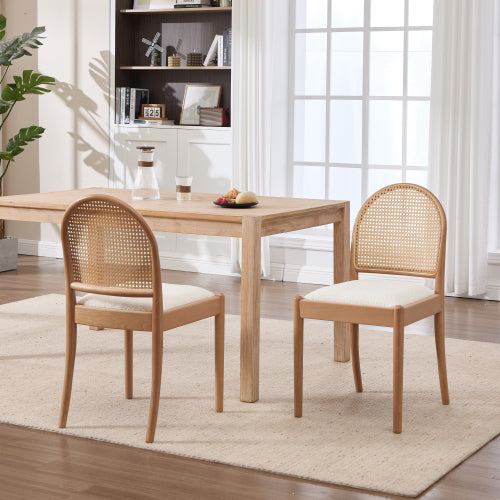 Set of 2 Beige Rattan Back Linen Dining Chairs, Solid Wood Leg Teddy Cushion 275lbs Capacity