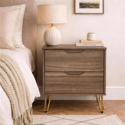 Brown Modern Nightstand, 2 Drawers & Metal Legs
