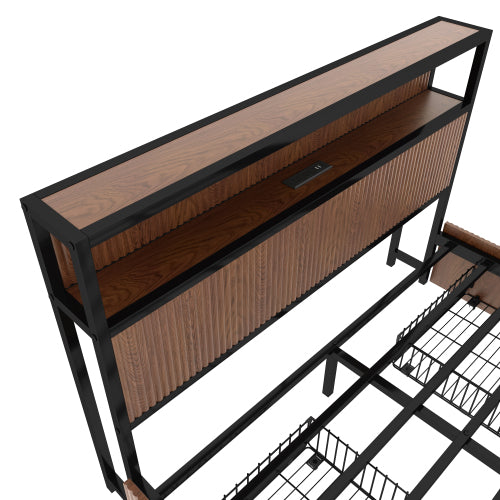 Large raised-pattern storage bed frame, wooden platform bed frame with multiple drawer storage function, bedside socket, brown wood (Queen)