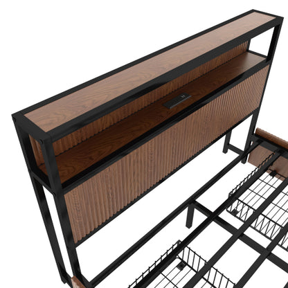 Large raised-pattern storage bed frame, wooden platform bed frame with multiple drawer storage function, bedside socket, brown wood (Queen)