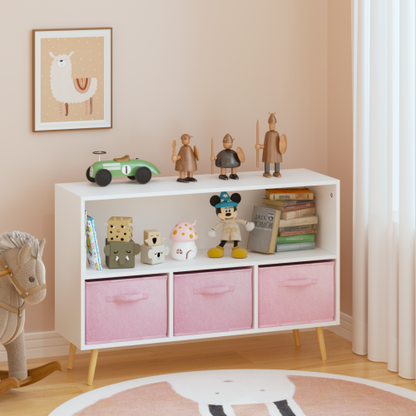 Kids Bookcase with Fabric Drawers and Toy Storage Organizer, White/Pink