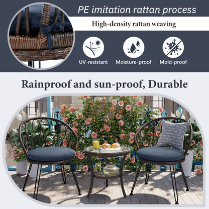 U_STYLE Outdoor Leisure Set, 2 Rattan Single Chairs with A Glass Round Table, Perfectly Suited for Patios, Balconies, and Courtyards