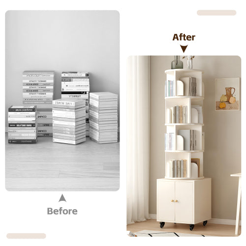 White 5-Tier Rotating Bookshelf with Double Door Drawer, Slim Wooden Corner Storage Cabinet for Home