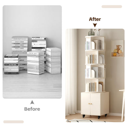 White 5-Tier Rotating Bookshelf with Double Door Drawer, Slim Wooden Corner Storage Cabinet for Home