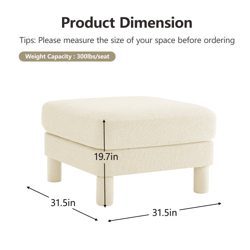 Beige Boucle Fabric Ottoman, Wooden Frame Spring Coil Support Multiuse Leisure Footrest for Home Office