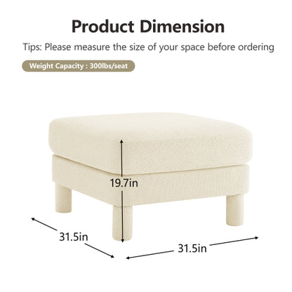 Beige Boucle Fabric Ottoman, Wooden Frame Spring Coil Support Multiuse Leisure Footrest for Home Office