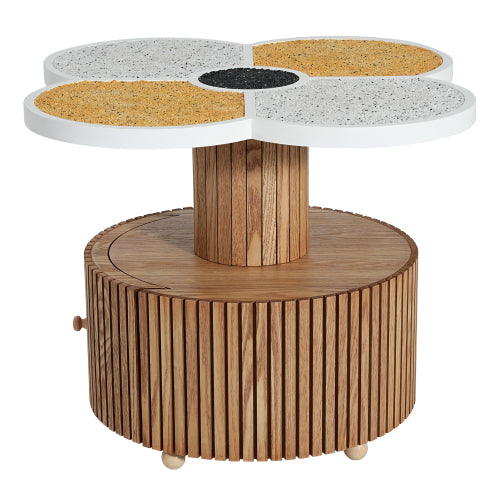 Four-Leaf Clover Side Table with Drawer, Stone Texture Top Wood-Grain Base Accent Table