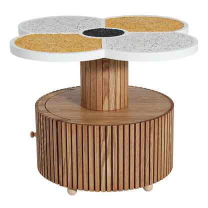 Four-Leaf Clover Side Table with Drawer, Stone Texture Top Wood-Grain Base Accent Table