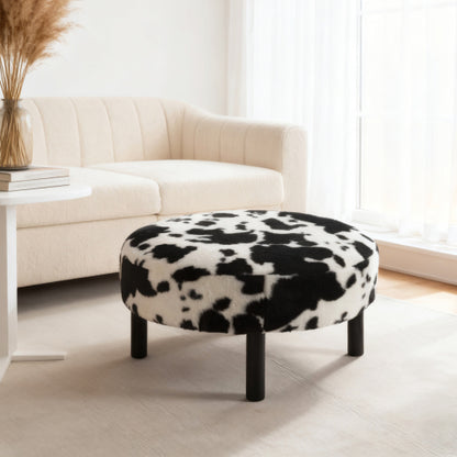 27.56 inch Round Faux Rabbit Fur Ottoman, Solid Wood Leg Upholstered Footrest Extra Guest Seat
