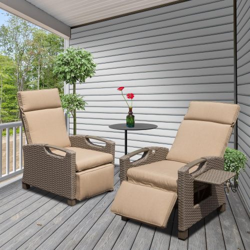 Outdoor Recliner Chair, Patio Recliner with Hand-Woven Wicker, Flip Table Push Back, Adjustable Angle, Thickness Cushions, Reclining Lounge Chair for Indoor and Outdoor, Beige