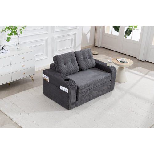 2-in-1 Fold-Out Corduroy Convertible Floor Sofa-Bed with Pockets