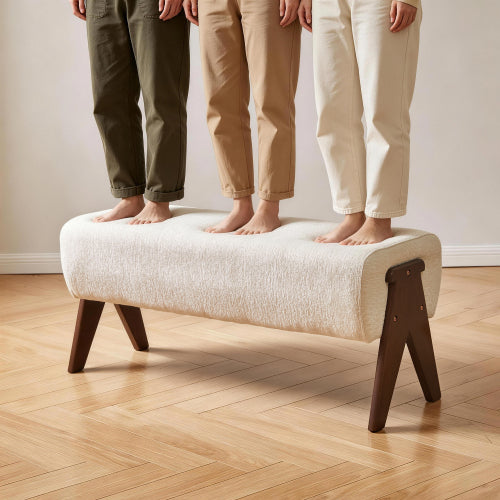 Cream Chenille Upholstered Ottoman Bench, Solid Wood V-Shaped Leg Entryway Shoe Bench for Bedroom & Foyer