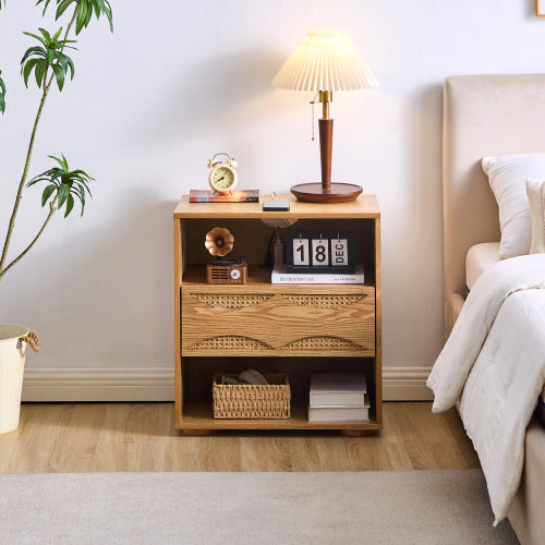 Mid Century Modern Rattan Nightstand with Charging Station USB Ports & Outlet Hole & 4 Solid Wood Bases, Farmhouse End Table with Open Space and Drawer Dresser, Natural
