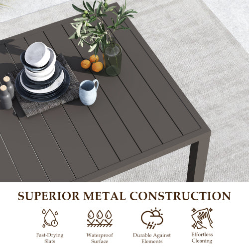 Outdoor Dining Table for 4 Person,Square Slatted Metal Patio Table for Deck Garden Lawn Backyard Use with Umbrella Hole, Brown