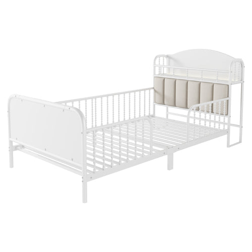 Twin Size Metal Platform Bed Frame with Light, Kids Twin Metal Bed with Upholstered and Storage Headboard, White