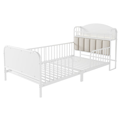 Twin Size Metal Platform Bed Frame with Light, Kids Twin Metal Bed with Upholstered and Storage Headboard, White