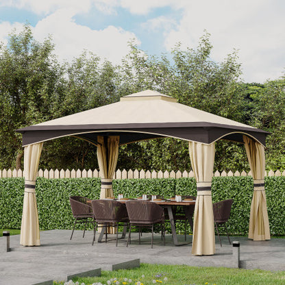 Outsunny 10' x 12' Outdoor Gazebo with Netting and Curtains, Patio Gazebo Canopy with 2-Tier Soft Top Roof and Steel Frame for Lawn, Garden, Backyard and Deck