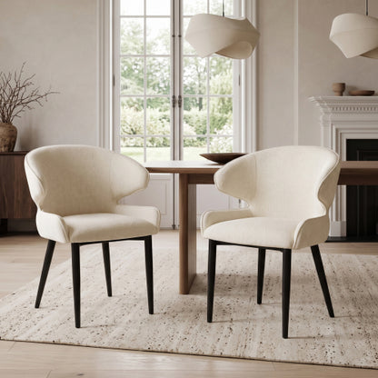 Shell Back Fabric Dining Chairs with Black Metal Legs, Set of 2, Beige
