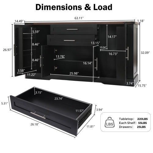 63 inch Farmhouse Barn Door Storage Cabinet with 2 Drawers & Door Rack, Large Buffet Table Coffee Bar Cabinets with Adjustable Shelves for Kitchen, Living Room, Entryway, Dining Room, Black