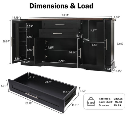 63 inch Farmhouse Barn Door Storage Cabinet with 2 Drawers & Door Rack, Large Buffet Table Coffee Bar Cabinets with Adjustable Shelves for Kitchen, Living Room, Entryway, Dining Room, Black