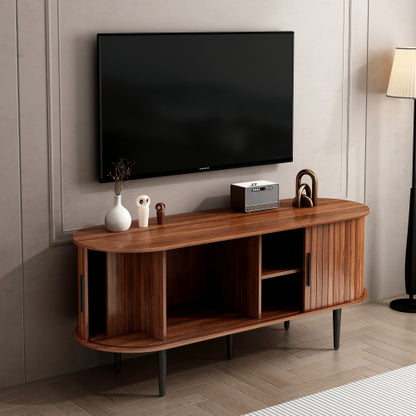 Walnut Modern Sliding Door TV Stand 47 Inch Living Room Entertainment Console Table
