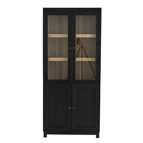 74.5''H Ash Wood Grain Mid-Century Glass Door Display Cabinet Adjustable Shelf Home Storage Cabinet