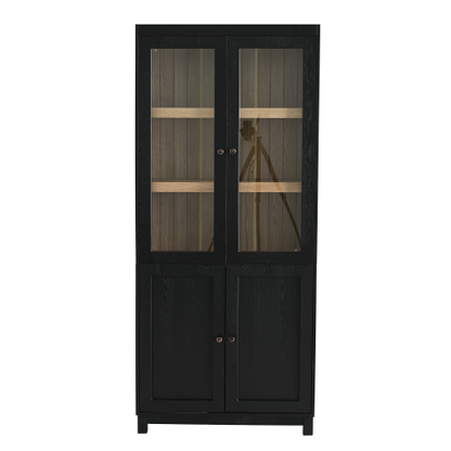 74.5''H Ash Wood Grain Mid-Century Glass Door Display Cabinet Adjustable Shelf Home Storage Cabinet