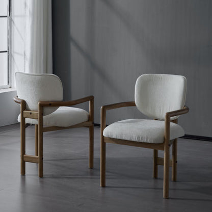 Set of 2 White Fabric King Louis Rubberwood Arm Dining Chairs, 300 LBS Weight Capacity