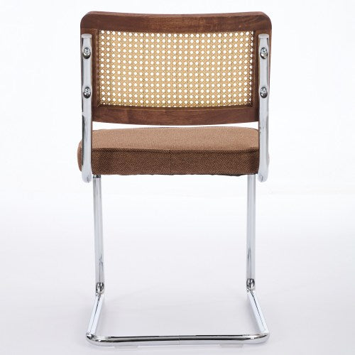 Set of 2 Coffee Cane Back Cantilever Dining Chairs, Linen Upholstered Chrome Double Steel Pipe Base 360 LBS Capacity