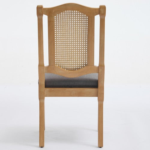 Set of 2 Gray All-Solid Wood Rattan Back Dining Chairs, S-Spring Matte Linen Cushion Rustic Caf¨¦ Side Chairs