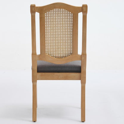 Set of 2 Gray All-Solid Wood Rattan Back Dining Chairs, S-Spring Matte Linen Cushion Rustic Caf¨¦ Side Chairs