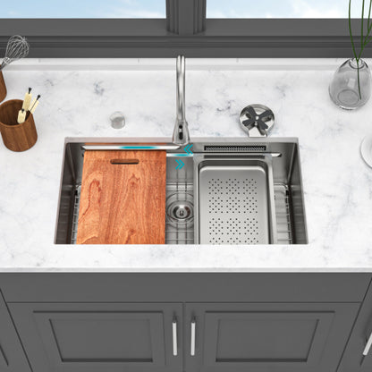 33" Undermount Waterfall Kitchen Sink - 33 x 16.72 x 10 inch Single Bowl 16 Gauge Stainless Steel Ledge Workstation Kitchen Sinks with Pull-Down Faucet & Cup Washer