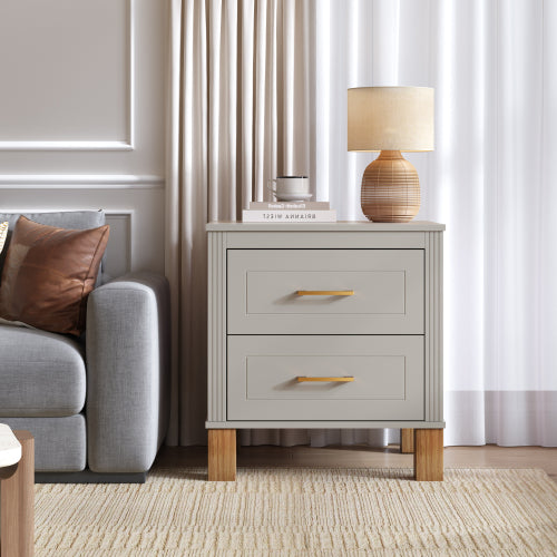 Gray Fluted Nightstand, 2-Drawer Bedside Table with Metal Handles & Solid Wood Legs