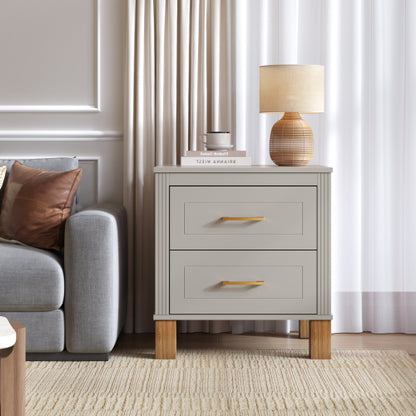 Gray Fluted Nightstand, 2-Drawer Bedside Table with Metal Handles & Solid Wood Legs