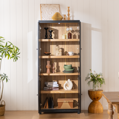 74.5''H Ash Wood Grain Mid-Century Glass Door Display Cabinet Adjustable Shelf Home Storage Cabinet