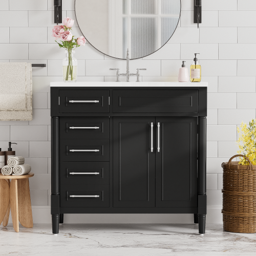 36'' Bathroom Vanity with Top Resin Sink, Freestanding Bathroom Storage Cabinet with 2 Drawers and a Tip-out Drawer, Solid Wood Frame Vanity Set, Height Adjustable Shelf
