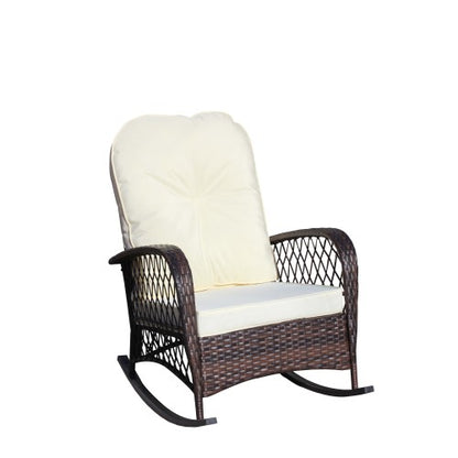 Outdoor Wicker Rocking Chair with Wide Seat, Thick, Soft Cushion, Rattan Rocker w/Steel Frame, High Weight Capacity for Patio, Garden, Backyard, Beige Cushion