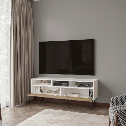 White and Natural Oak 54 inch TV Stand with Open Shelves and Storage