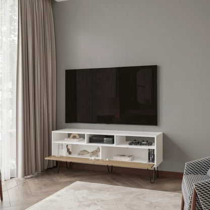 White and Natural Oak 54 inch TV Stand with Open Shelves and Storage