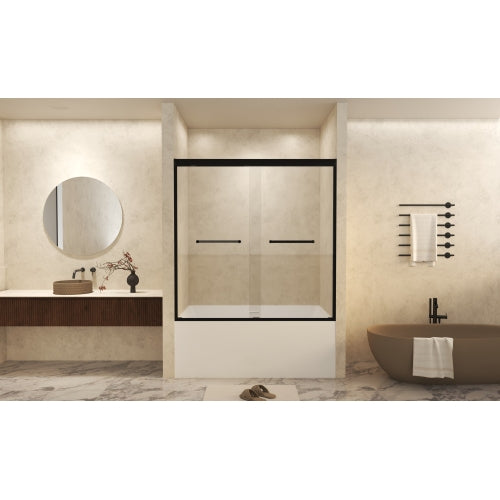 56-60" W × 60" H Tempered Glass with Explosion Proof Film, Aluminum Frame Double Sliding Shower Door, "1/4 (6 mm), Stainless Steel handle, Matte Black