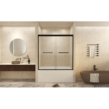 56-60" W × 60" H Tempered Glass with Explosion Proof Film, Aluminum Frame Double Sliding Shower Door, "1/4 (6 mm), Stainless Steel handle, Matte Black