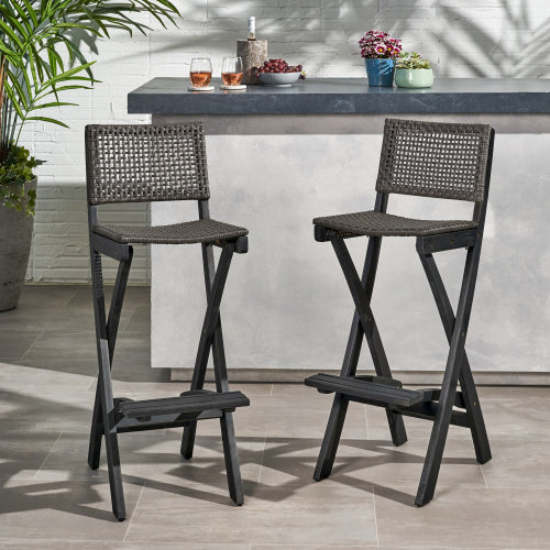 41.75" Outdoor Folding Acacia Wood Barstools with PE Rattan Backrest and Seat, Dark Grey Finish (Set of 2)