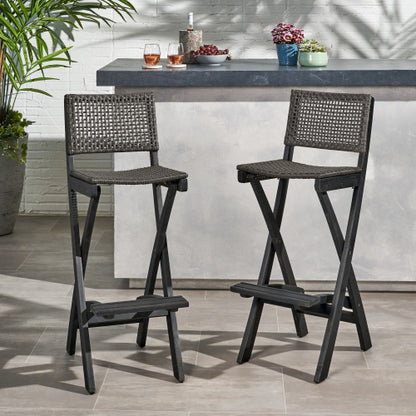 41.75" Outdoor Folding Acacia Wood Barstools with PE Rattan Backrest and Seat, Dark Grey Finish (Set of 2)