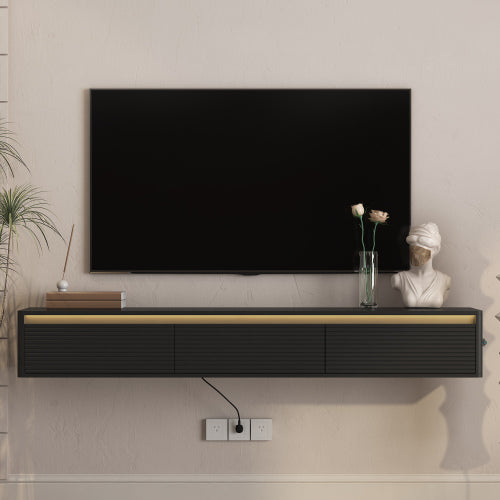 Fluted Wall Mount Floating TV Stand with LED Lights & Built-in Power Outlet for Living Room