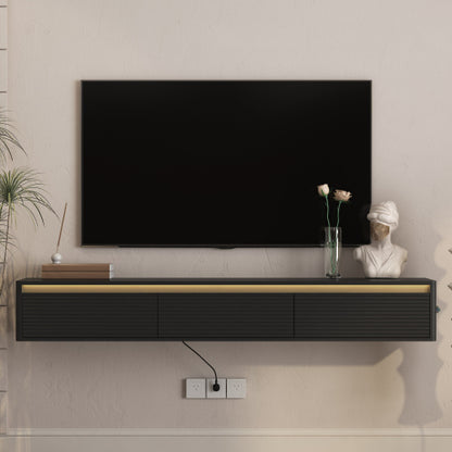 Fluted Wall Mount Floating TV Stand with LED Lights & Built-in Power Outlet for Living Room